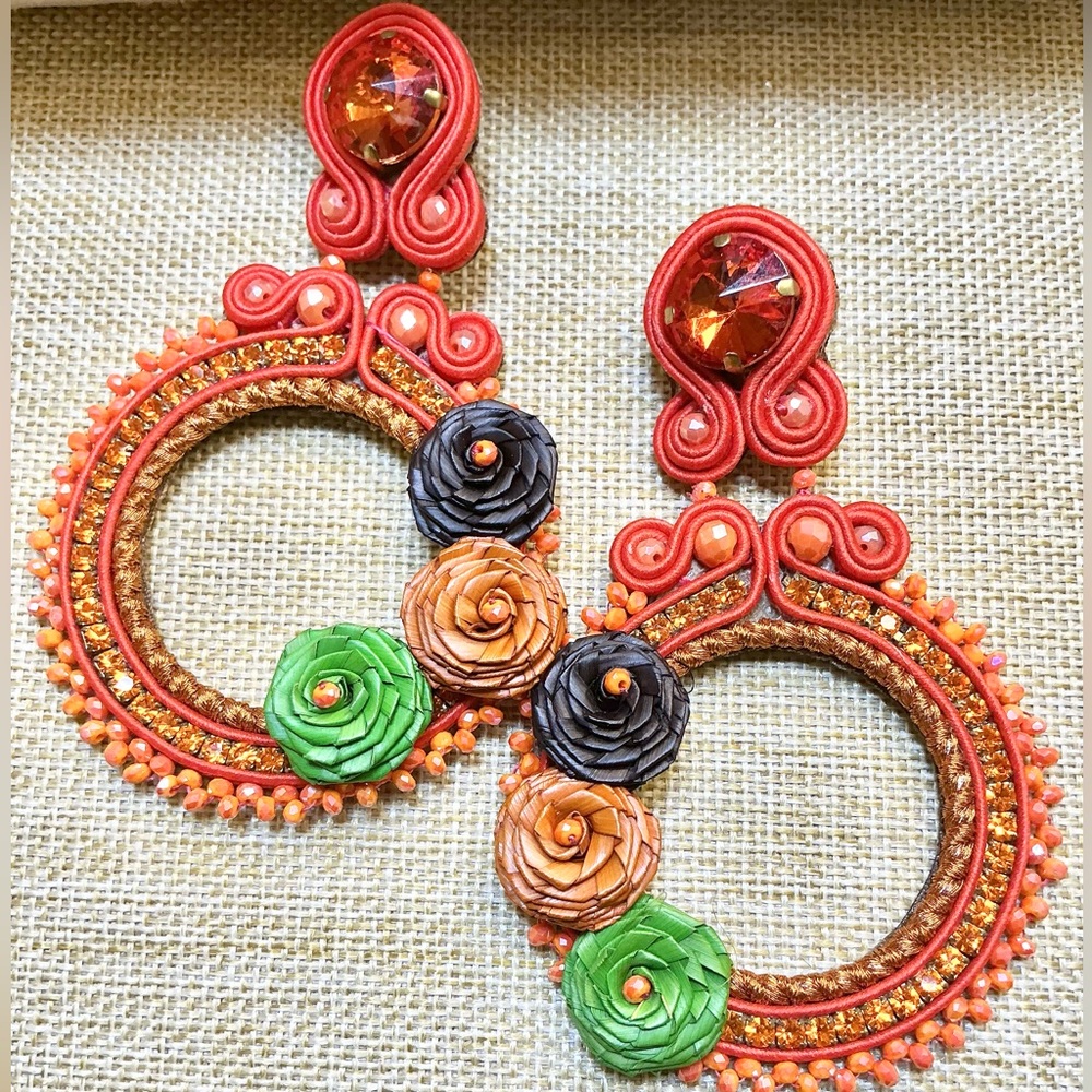 Colorful Orange Floral Colombian Soutache Handmade Hoop Earrings